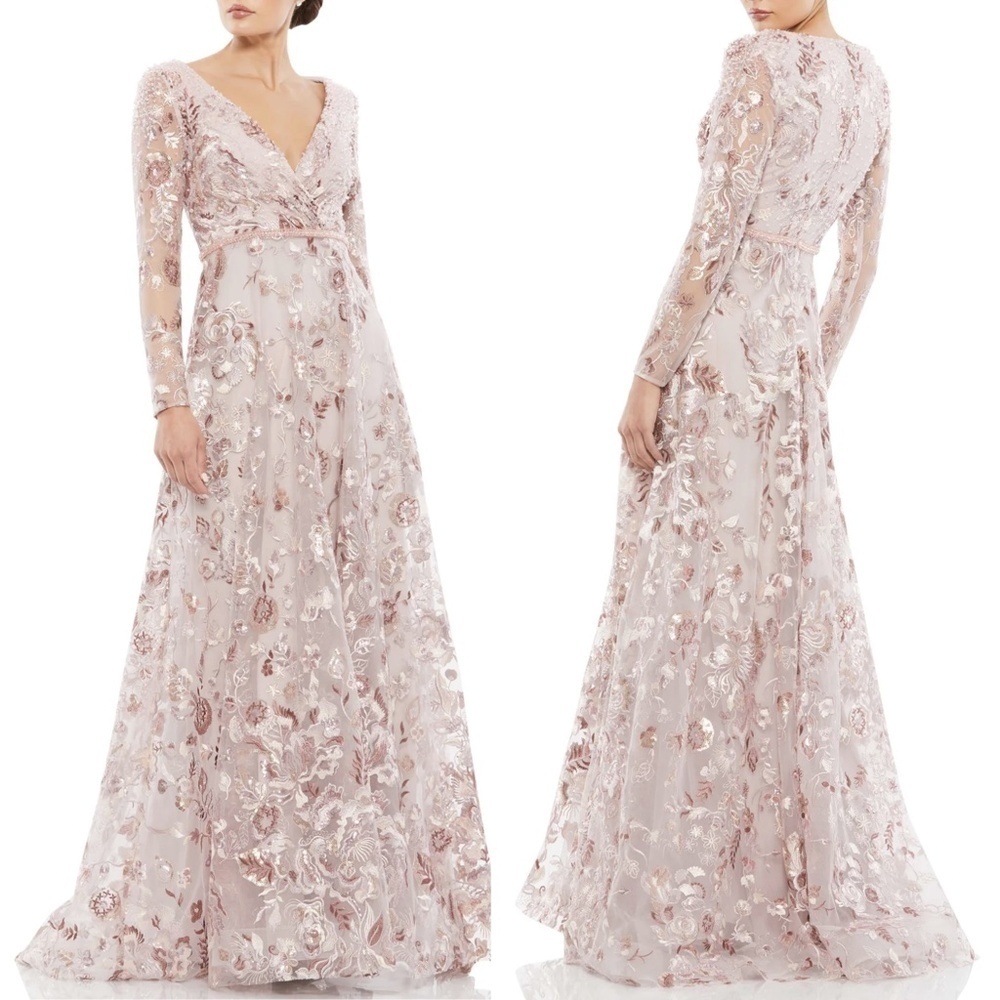 NWT Mac Duggal Embellished V Neck Illusion Long Sleeve A Line Gown in Ro…